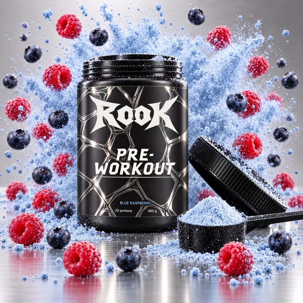 Pot ROOK ouvert et scoop de poudre bleue, framboises et myrtilles