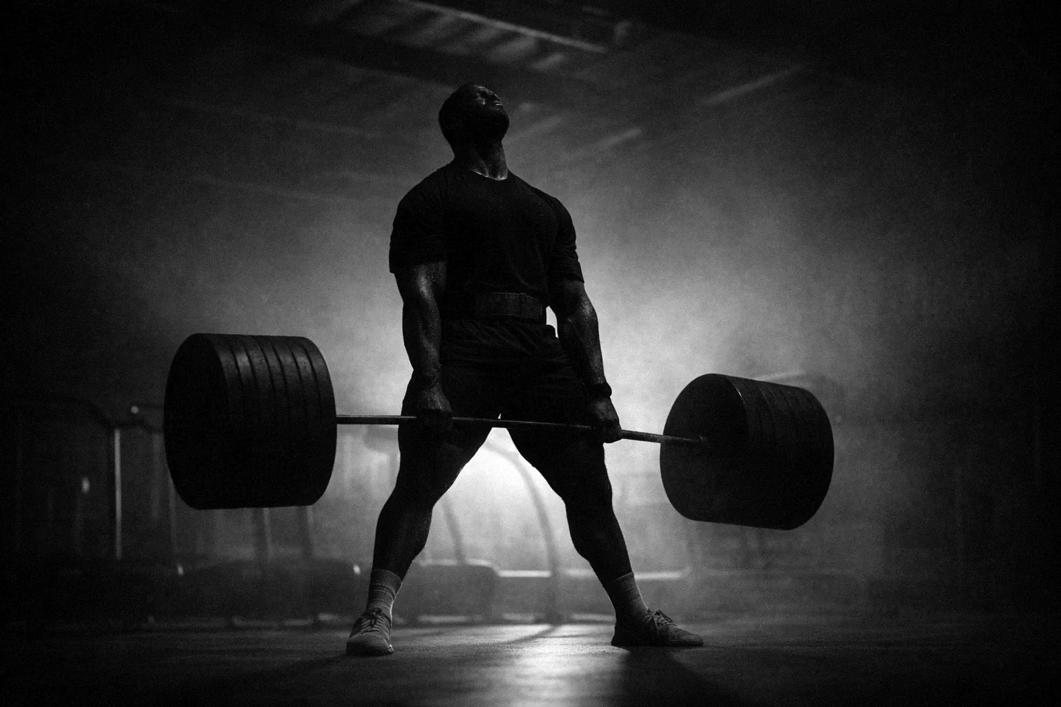 Athlète en fin de deadlift lourd, dans une salle sombre